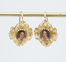 Antique 14k Yellow Gold Female Portrait Earrings Victorian Filigree 1" EG2426