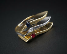 Ruby Sapphire Diamond 18k Tri Gold Abstract Wave Triple Band Ring 7 RG3100