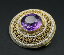 Antique Ornate 18k Yellow Gold Amethyst Seed Pearl Pin Brooch 1" OG367