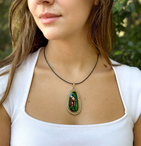 Vintage 18k Cloisonné Enamel Portrait Pendant Yellow Gold 2.75