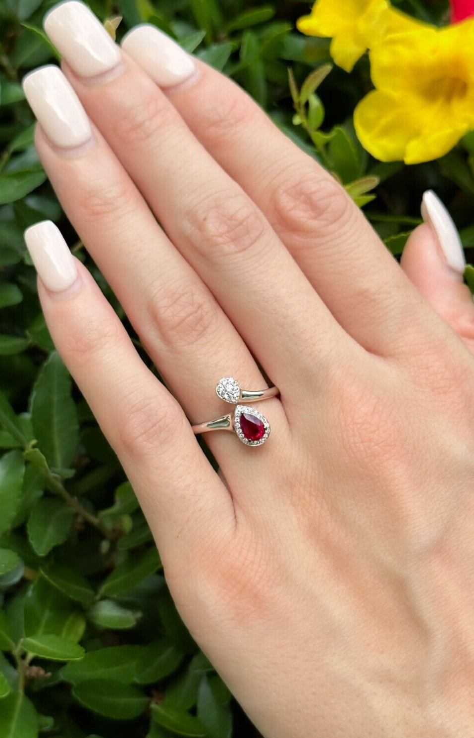 Giorgio Visconti 18K Ring Diamond Ruby White Gold Bypass Moi et Toi Sz 6 RG4225