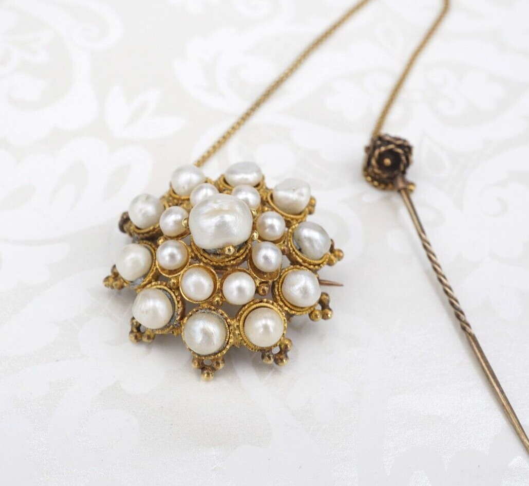 Antique 18k Yellow Gold Natural Pearl Cluster Sunburst Pendant Pin Brooch OG475
