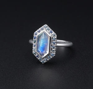 New 14k Moonstone & Teal Sapphire Ring White Gold Size 6.5 Designer RG4141