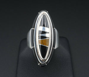 Navajo Calvin Begay Sterling Silver Onyx Mosaic Inlay Ring Size 8 RS3024