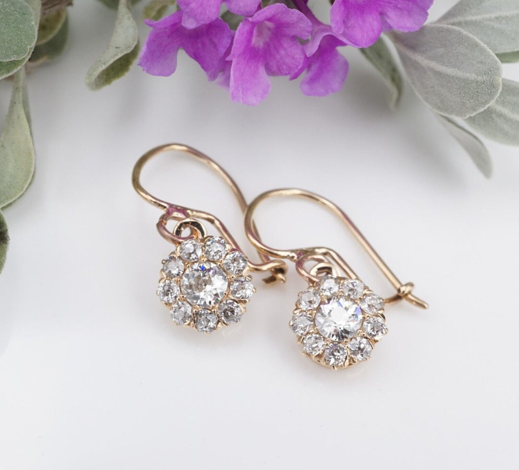 Antique 14k Gold Floral 1 ctw OMC Diamond Halo Drop Dangle Earrings 0.8