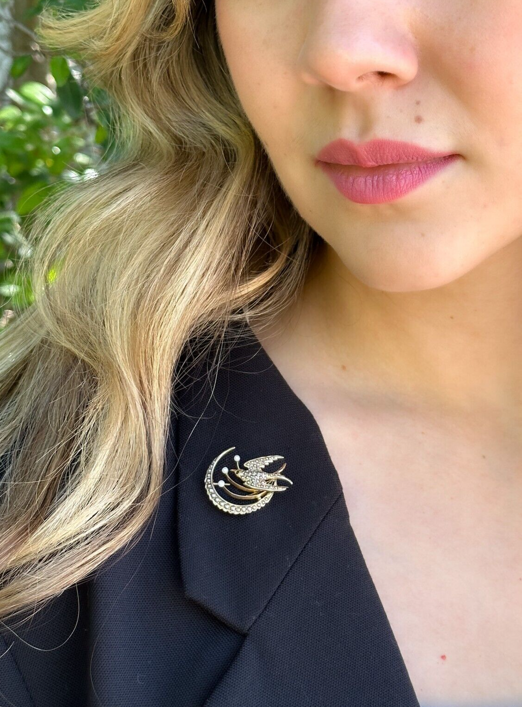 Antique 10k Brooch Victorian Seed Pearl Swallow Crescent Yellow Gold 1