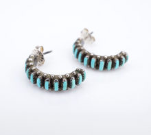 Zuni Petit Point Turquoise Hoop Earrings Sterling Silver 0.84" Signed AH ES2547