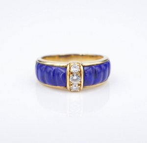 Van Cleef Arpels Ring Diamond Lapis Carved 18k Gold Sze 5.5 Yellow France RG4224