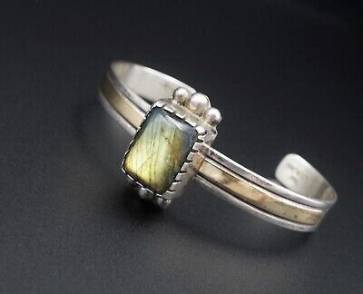 Navajo Alvin A Monte Sterling Silver 14k Labradorite Cuff Bracelet 6.5