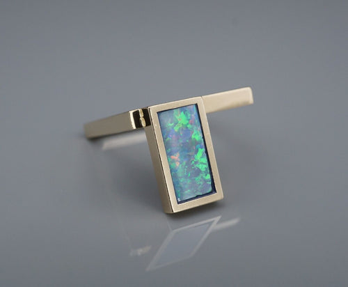 Trisko Opal Ring 14k Yellow Gold Sculpture Modernist Size 6.5 Square RG4378