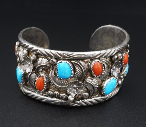 Signed Squash Blossom Sterling Silver Turquoise Coral Cuff Bracelet 7