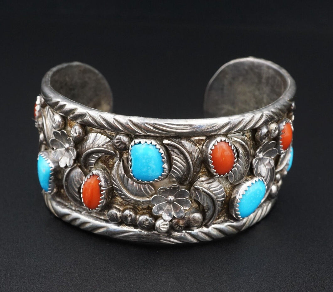 Signed Squash Blossom Sterling Silver Turquoise Coral Cuff Bracelet 7