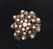 Antique Yellow Gold 2ct Rose Cut Diamond Enamel Sunburst Scroll Brooch CO1052