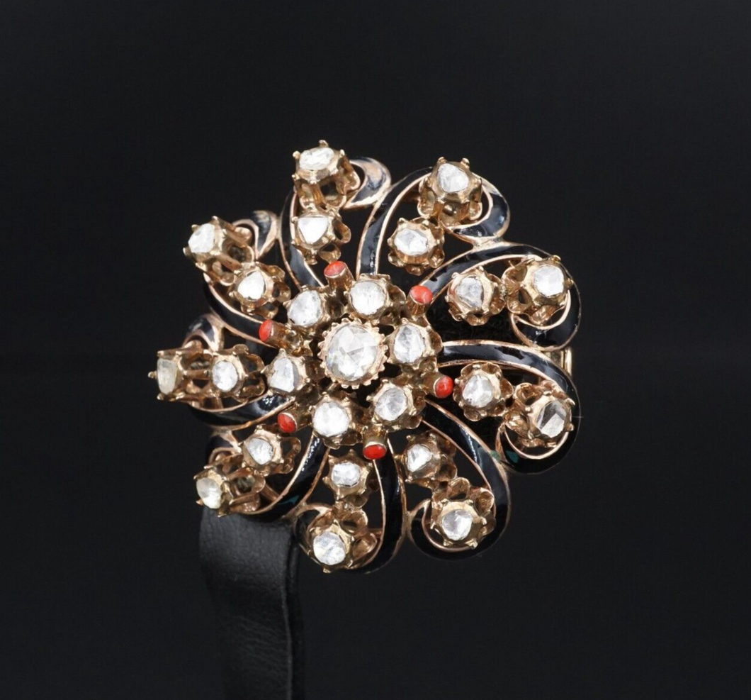 Antique Yellow Gold 2ct Rose Cut Diamond Enamel Sunburst Scroll Brooch CO1052