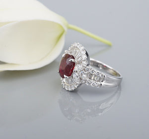 18k White Gold 3.8cttw Natural Ruby Diamond Halo Cocktail Ring Size 6 CO1191