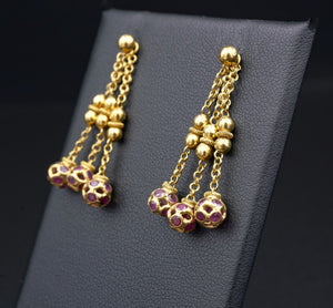 18k Yellow Gold Ball Stud Earrings Enhancers Dangle Ruby Ear Charms 1.4" EG21111