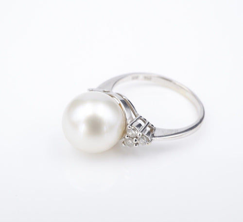 Vintage 18k South Sea Pearl Diamond Ring White Gold Cocktail Size 8 11mm RG4122