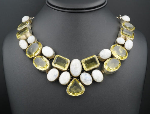 Chunky Sterling Silver Citrine Moonstone Bib Statement Necklace 24