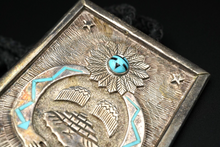 Large Native American Sterling Silver Turquoise Kachina Overlay Bolo Tie M1791