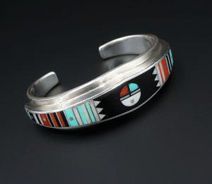Ernest Benally Sunface Mosaic Inlay Sterling Silver Cuff Bracelet 6" BS2724