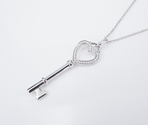 Tiffany & Co 18k Diamond Heart Key Pendant Necklace 1.5" Box White Gold NG1548