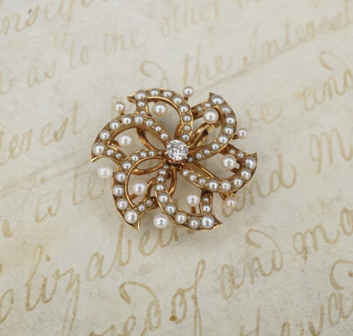 Antique 14k Yellow Gold Seed Pearl Diamond Sunburst Pendant Pin Brooch OG356