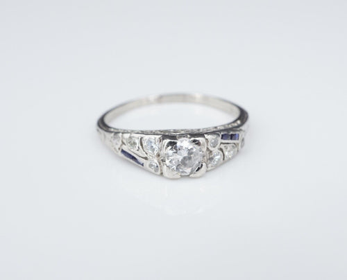 Vintage 1930s Platinum Diamond Sapphire Engagement Ring Size 7 RG3583