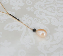 18k Yellow Gold Pearl Onyx Drop Pendant Y-Necklace 16" Vintage NG1170