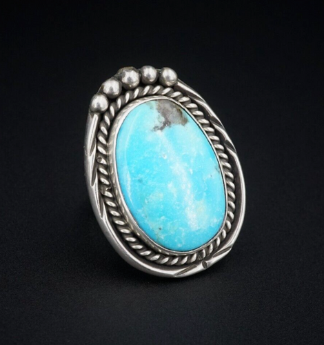 Vintage Navajo Turquoise Ring Sterling Silver Slab Blue Gem Size 6.5 RS3325