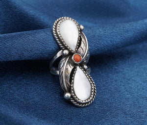 Navajo Sterling Silver Mother of Pearl Coral Ring Sz 7.25 Artisan Signed RS3428