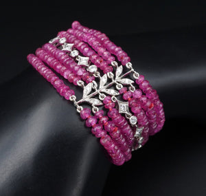 Cathy Waterman Platinum 7-Strand Floral Diamond Ruby Bead Bracelet 6.25" BG699