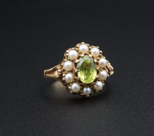 Antique 14k Yellow Gold Oval Peridot Pearl Halo Cocktail Ring Size 7.5 RG4171