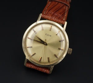 Vintage Elgin 14k Gold Watch Brown Lizard Leather Strap 33mm Mechanical W760