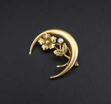 Antique Art Nouveau 10k Gold Seed Pearl Lapel Pin Brooch Flower Crescent OG455