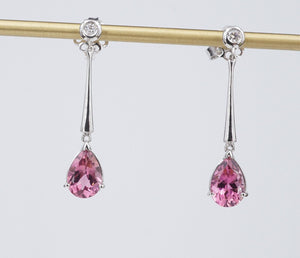 18k White Gold Pink Natural Tourmaline Diamond Earrings Dangle Drop 1.25" EG2363