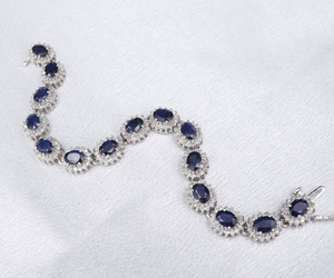 14k White Gold 16cttw Natural Sapphire Diamond Halo Tennis Bracelet 7.25" BG879