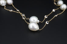 14k Gold South Sea Pearl Necklace White Topaz Station Baroque 36" 15mm NG1359