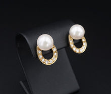 18k Yellow Gold Pearl Diamond Horseshoe Earrings Stud Equestrian 0.6" EG2264