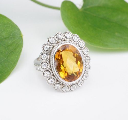 14k White Gold 10cttw Natural Citrine Diamond Halo Cocktail Ring Size 6.5 CO1055