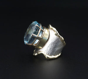 Brutalist Sterling Silver 14k Gold 17ct Aquamarine Cocktail Ring Sz 7.5 RG4120