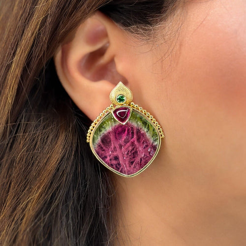 Artisan 18k Yellow Gold Watermelon Tourmaline Clip Earrings 1.8