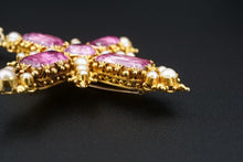 Antique 1850s 18k Yellow Gold Natural Pearl Pink Topaz Cross Pendant 2.4" CO1034