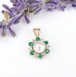 14k Yellow Gold Pearl Pendant Emerald Diamond Halo Cluster Flower Sun PG1759