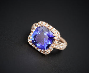 14k Rose Gold 6.25 carat Tanzanite Diamond Halo Cocktail Ring Size 7 CO1054