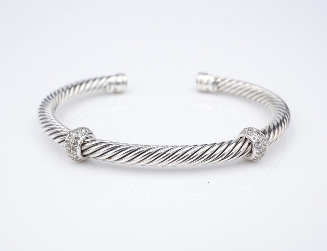 David Yurman Cable Cuff Bracelet Diamond Two Station Sterling 18k 5mm BS2915