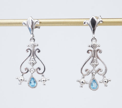 14k White Gold Topaz Dangle Earrings Articulated Scroll 1