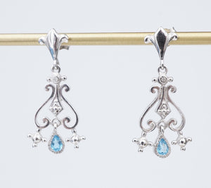 14k White Gold Topaz Dangle Earrings Articulated Scroll 1" Designer EG2387