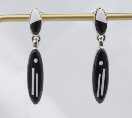 Calvin Begay Black White Inlay Sterling Silver Dangle Earrings Navajo ES2519