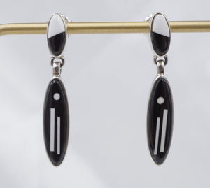 Calvin Begay Black White Inlay Sterling Silver Dangle Earrings Navajo ES2519