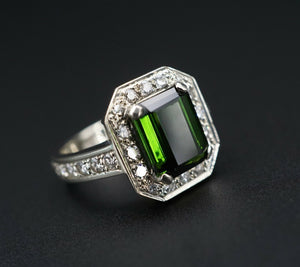 Green Tourmaline Diamond Halo Ring 14k White Gold 4 carat Size 7.75 RG3108